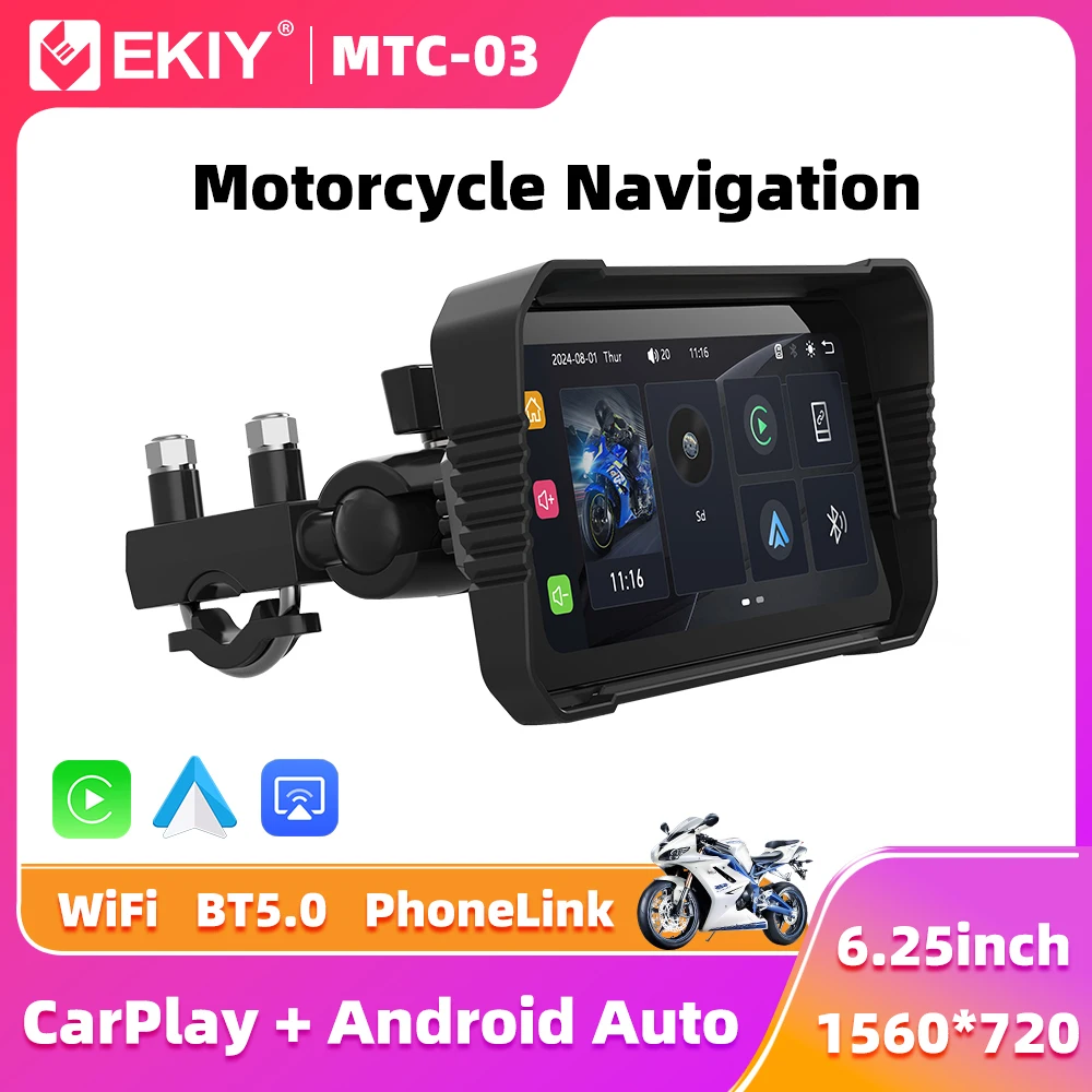 

EKIY 6.25" Portable Digital Motorcycle Dashboard GPS Navigation Display Screen Waterproof Wireless CarPlay Moto Android Auto