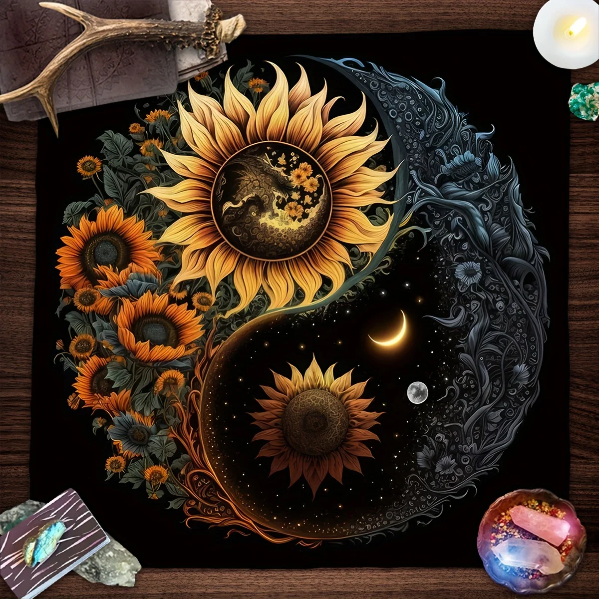 Tarot Clothes for Table Tarot Cloth Astrology Sun Beautiful Sunflower Yin and Yang Pattern Altar Cloth - Polyester Fiber Tarot