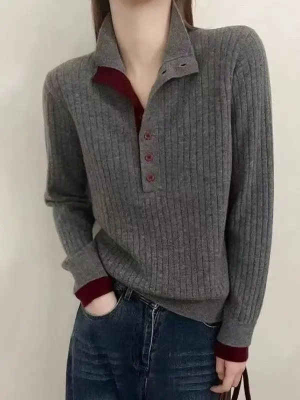 

Женский вязаный шерстяной свитер с открытым воротником на пуговицах, искусственный двухсекционный свитер в вертикальную полоску, осенний модный длинный све