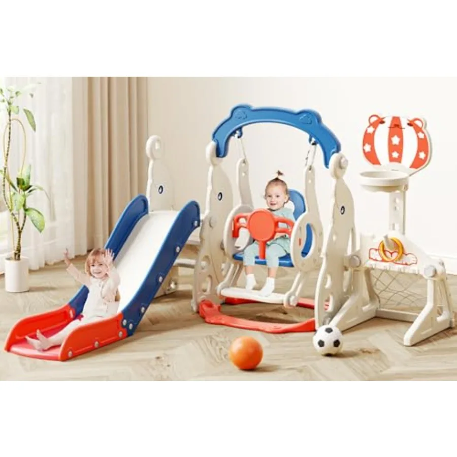 

6 in 1 Toddler Baby Swing and Slide Set - Sand/Water Fillable Base Anti-Tip Adjustable Basketball Hoop Easy Assembly Compact In
