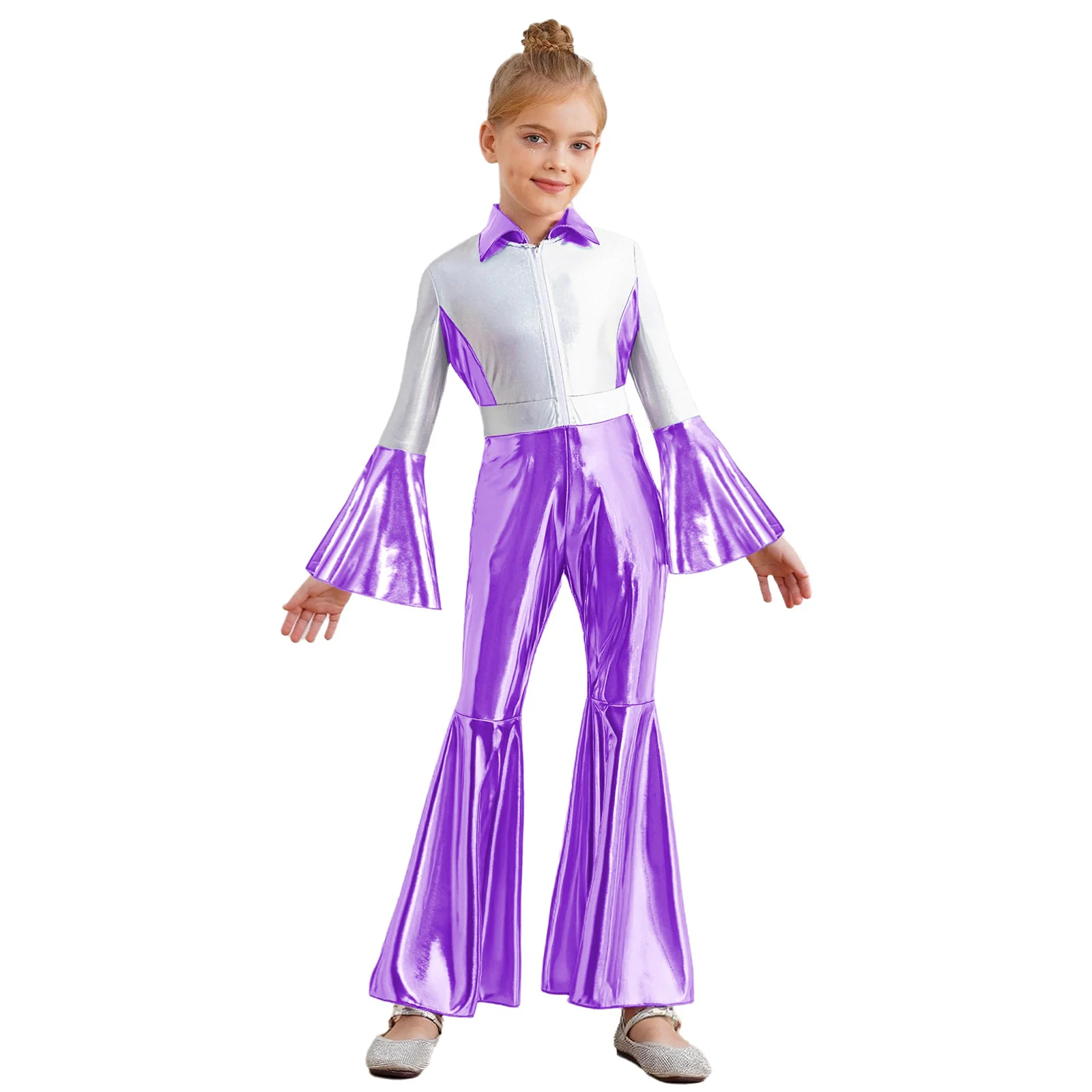 

Teen Girls 70s Disco Jazz Dance Bodysuit Metallic Glossy Flare Long Sleeve Zipper Bell Bottom Rompers Theme Party Hippie Costume