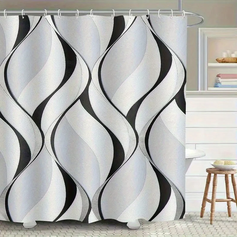 Modern Wave Shower Curtain, Black White Abstract Stripe Print Waterproof Bathroom Decor, Minimalist Home Bath Screen