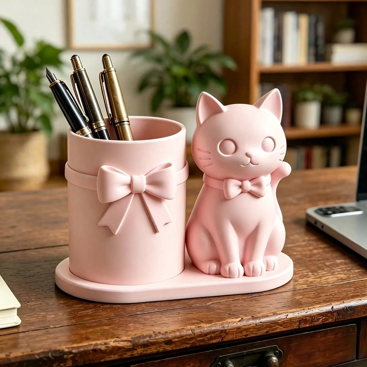Back To School Cute Cat Bow Pen Holder Desktop Stationery Organizer Pencil Cup Makeup Brush Storage Container Office Desk Decor