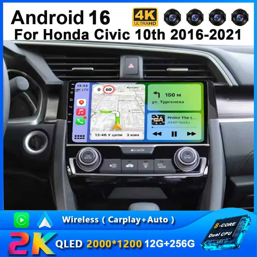 For Honda Civic 10th 2016 2017 2018 2019 2020 Android 16 Car Radio Stereo Multimedia Video Player GPS Wireless Carplay Head Unit