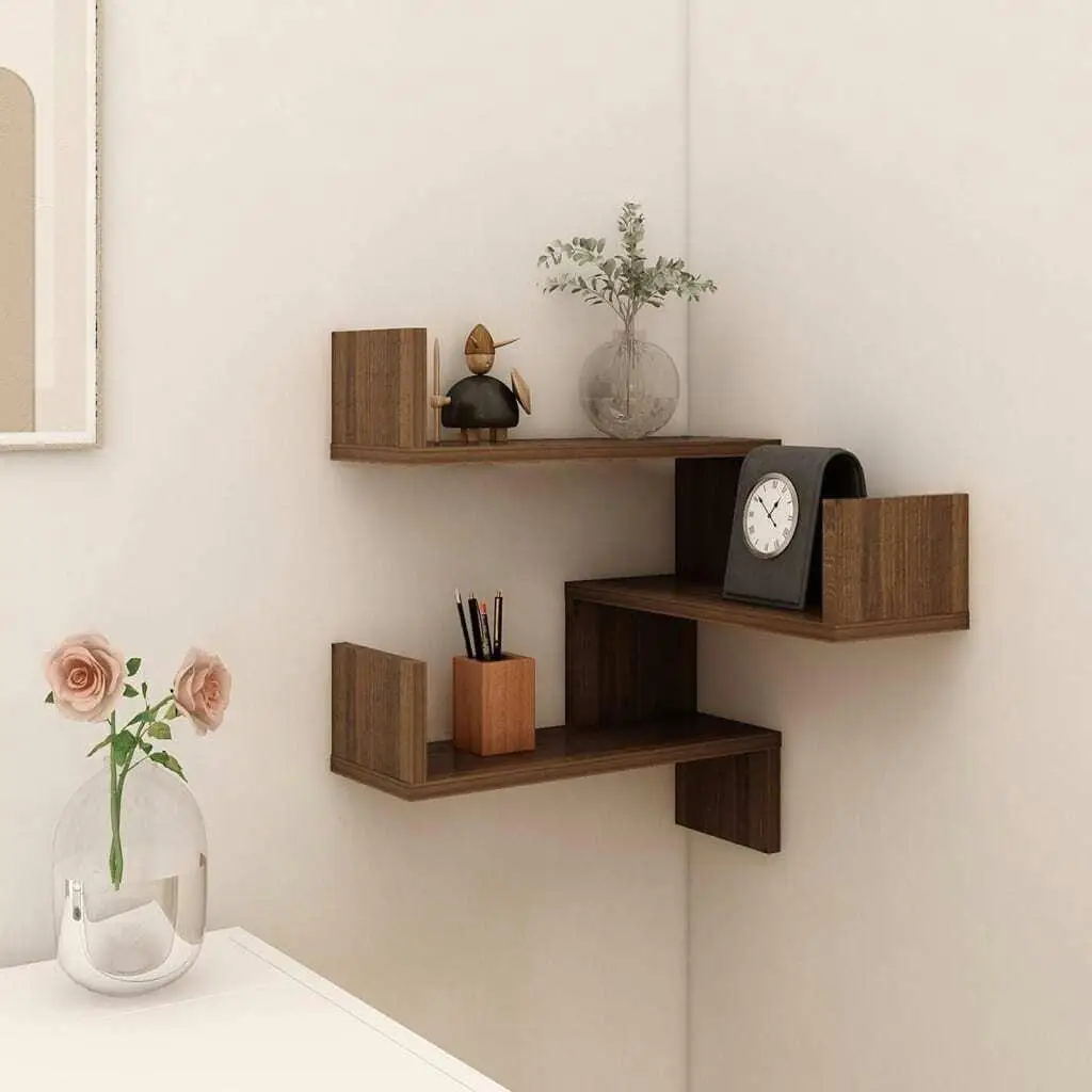 Brown Oak Wall Corner Shelf 40x40x50 cm | Space-Saving Engineered Wood for Storage & Display
