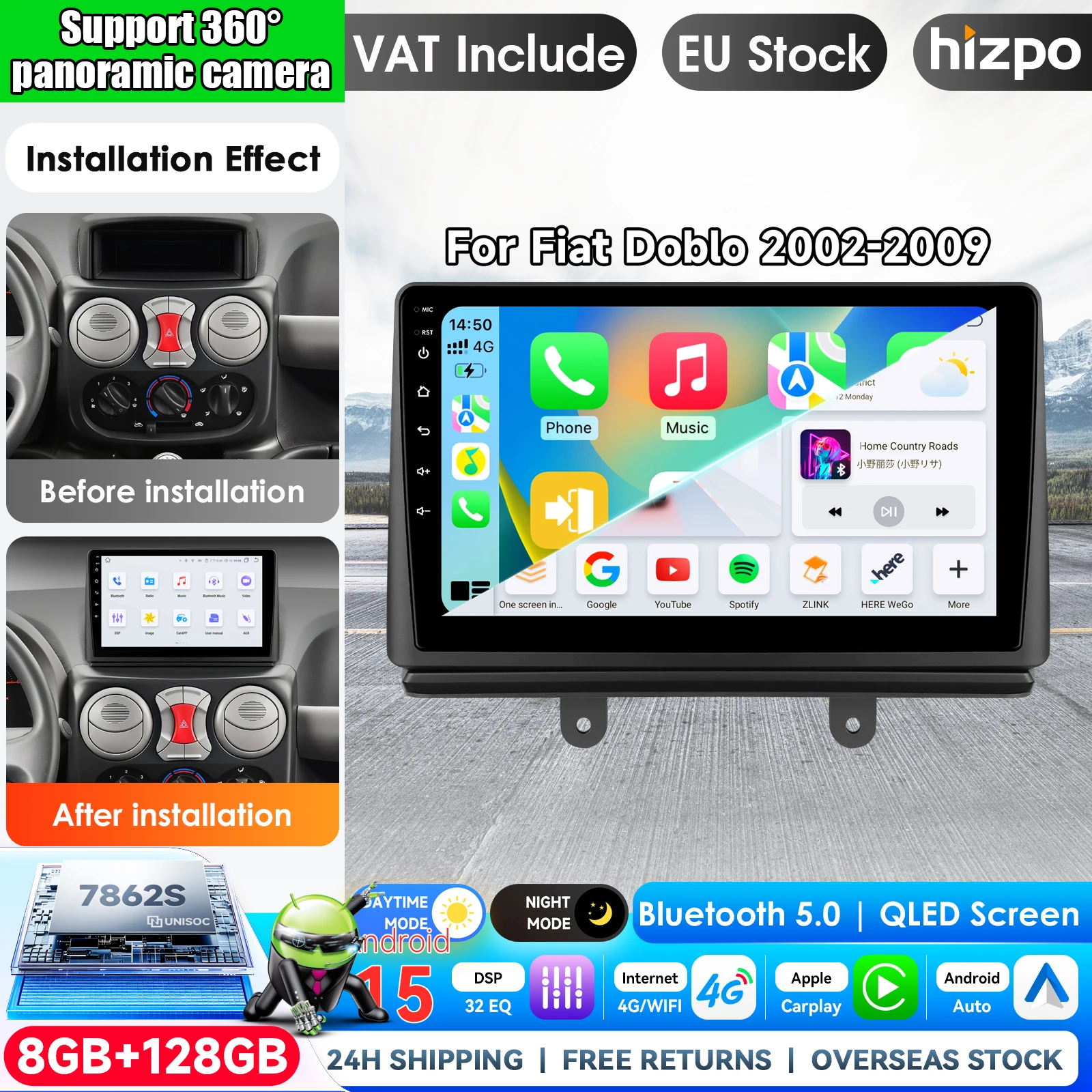Hizpo 9 Zoll Qualcomm 8-Kern CarPlay Android Auto Autoradio für Fiat Doblo 2002-2009 Auto-Multimedia-GPS-Player 360 ° Panoramakamera 4G BT DSP 2Din Stereo Autoradio Navigation GPS Auto KI Intelligente