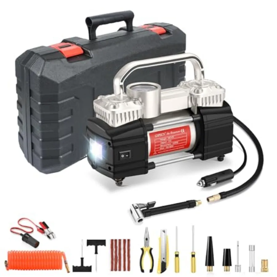

6X Faster Inflation Portable Air Compressor Pump Dual Cylinder Heavy Duty Tire Inflator with LED Light150 PSI 12V Air Pump with