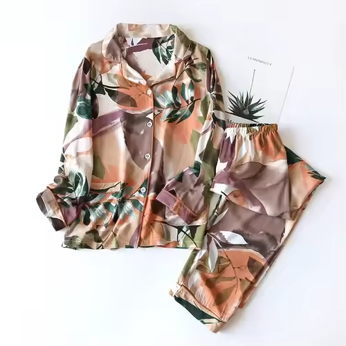 Spring / Summer New 100% viscose long-sleeved trousers ladies pajamas suit 3XL plus size long Sleepwear women's home Nightwear - Image 2