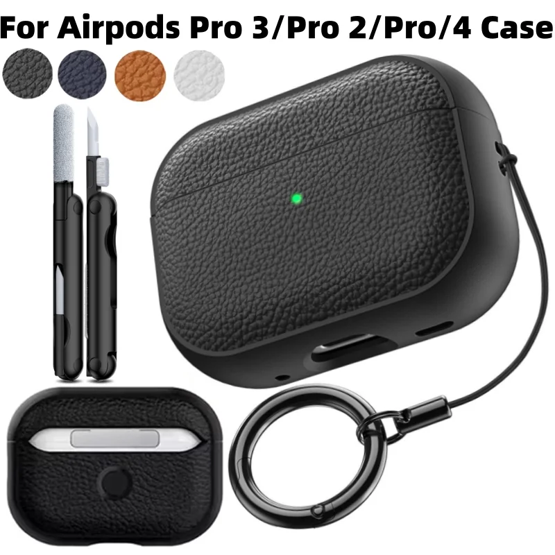 for AirPods Pro 3/Pro 2/Pro/4 Case Soft TPU Leather Design Drop Protection Cover with Keychain & Cleaner Kit for AirPods 4/Pro 3
