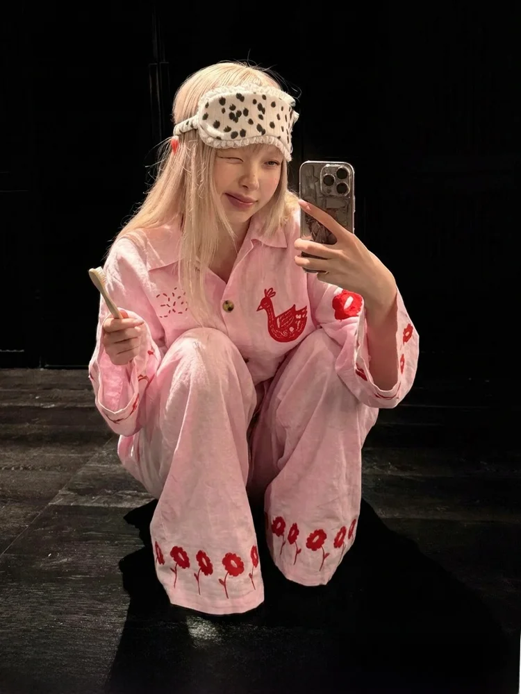 Korean Style Sweet Pink Cartoon Print Long Sleeve Sleepwear Women's Spring Autumn Loose Comfortable Home Clothes Set Outdoor ...