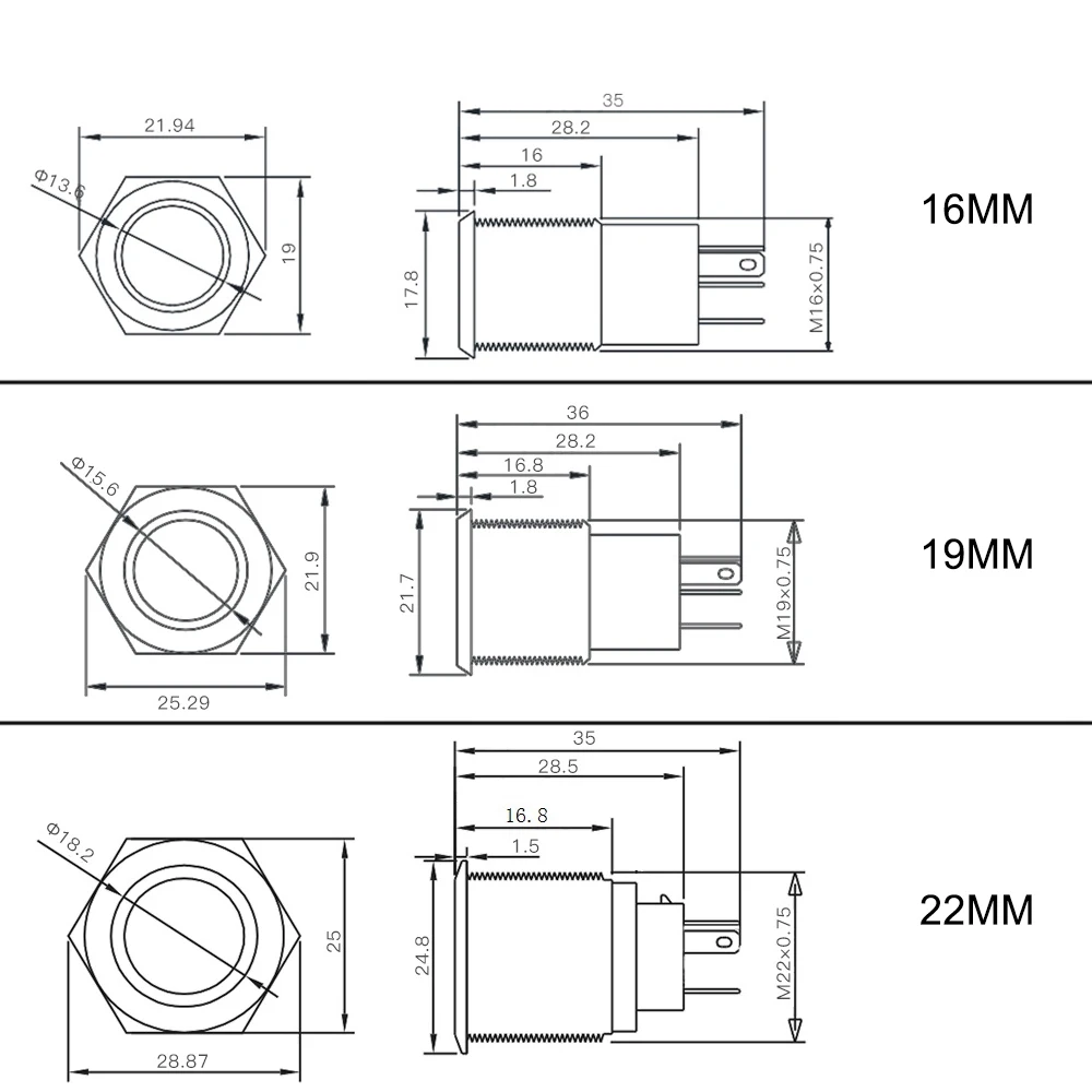 16mm 19mm 22mm róg Symbol chwilowy przycisk przełącznika podświetlana dioda LED czerwony zielony niebieski żółty biały fioletowy 3V 6V 12V 24V 220V