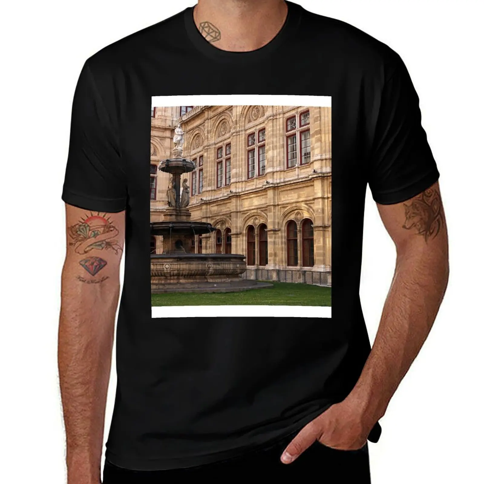 Vienna State Opera house fountain and sculpture Austria T-Shirt Dry Fit Athletic Short Sleeve Shirt T-Shirt