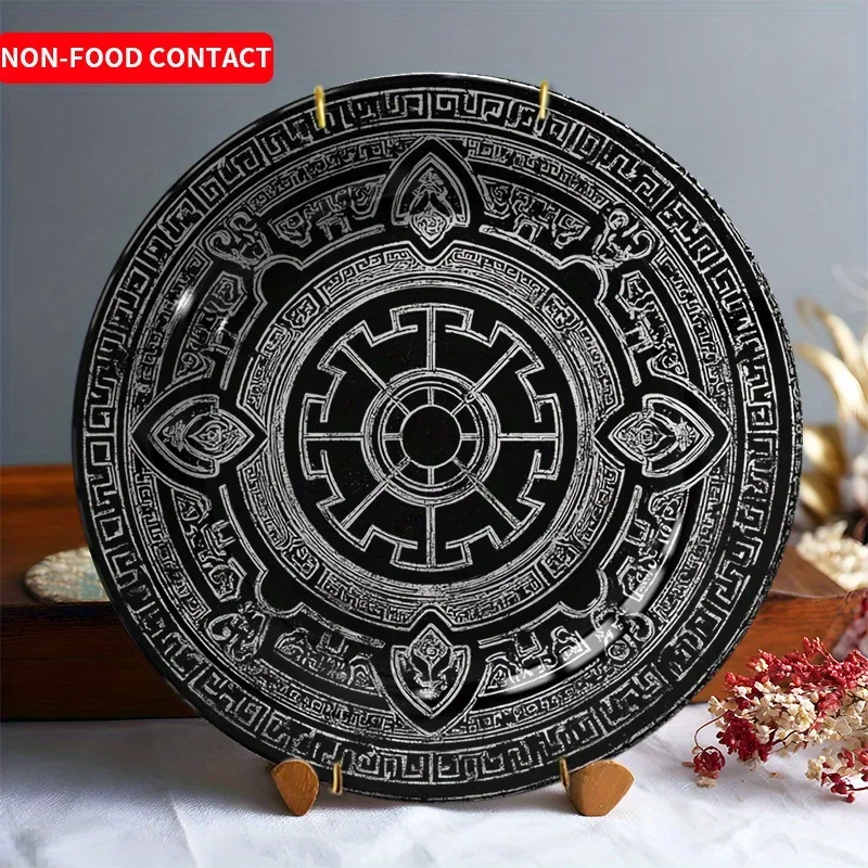 1pc Nordic Style Ceramic Decorative Plate - Round Wall Hanging Art with Intricate Black & White Patterns, Non-Food Contact Home