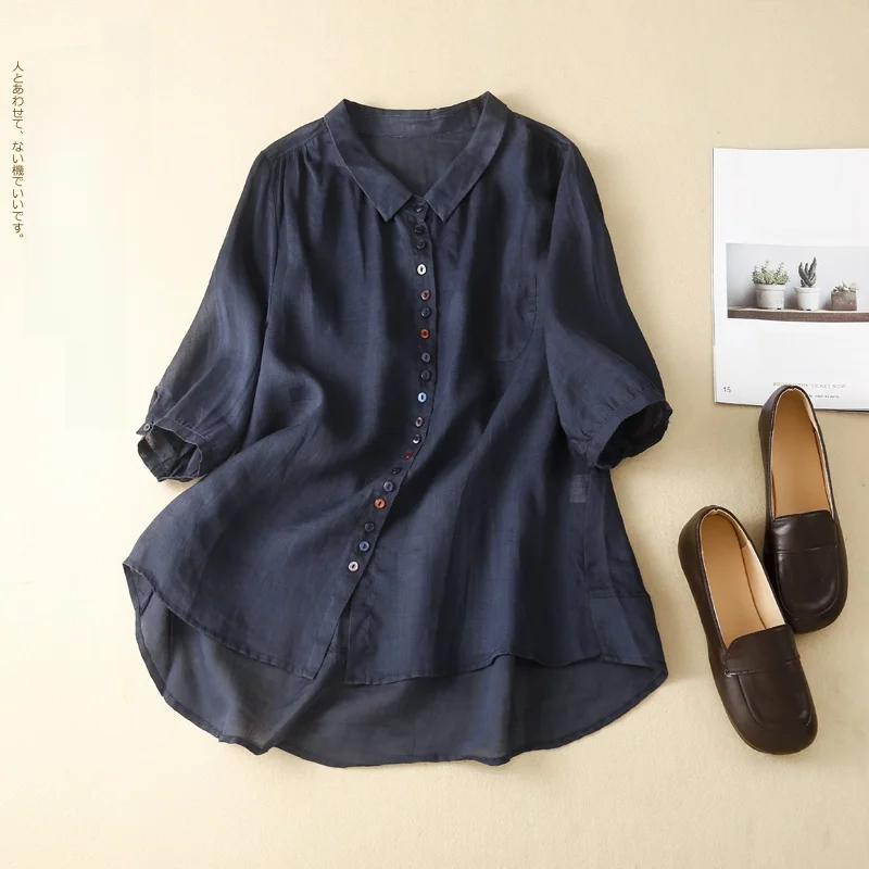 

Женская блузка свободного кроя из хлопка и льна с коротким рукавом, винтажным отложным воротником, художественной отделкой пуговицами, стандартной длины