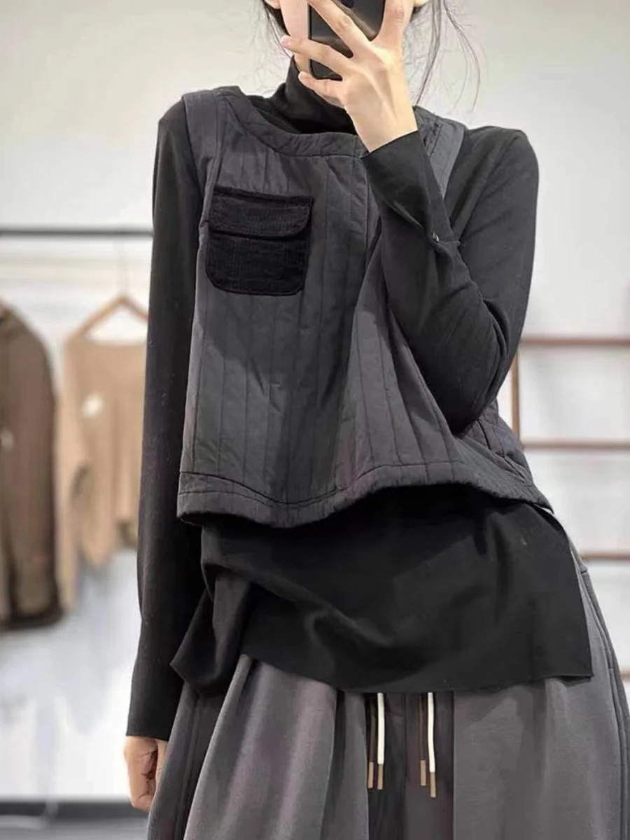 

Loose Women's Vest 2023 Autumn Winter Cotton round Ne Color Blo Versatile oulder Pad Cotton Jaet Commute Sle