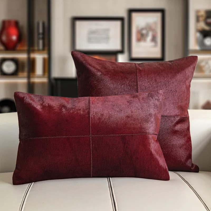 Modern Light Luxury Cushion Cover Wine red Four Spliced Genuine Cowhide Leather Waist Pillowcase For Sofa High end Villa Room