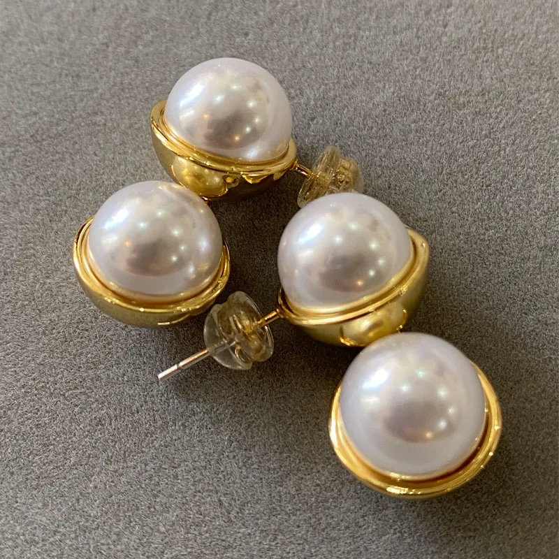 Brass Faux Pearl Double Beads Earrings Women Jewelry Punk Party T Show Gown Runway Trendy  Korean Japan Israel  Style INS