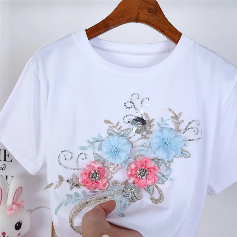 White flowers embroidered T-shirt short sleeve women's Top﻿ y2k clothes Summe mujer