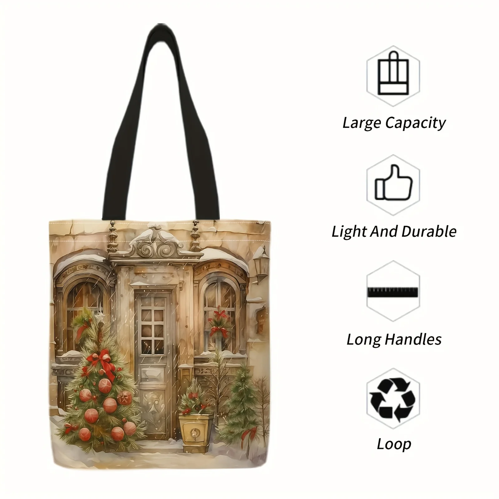 1pc Festive Christmas Tote Bag Snowy Doors Holiday Decorations Design, Lightweight Washable Polyester Eco Bag