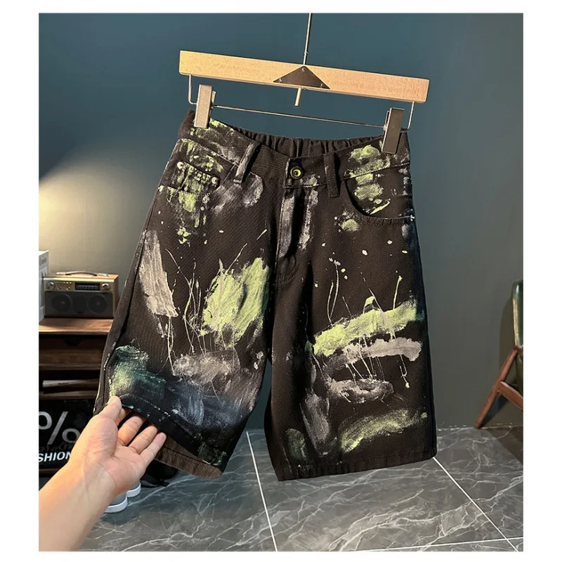 Fashion paint printing design denim shorts men's summer handsome street style trendy unique graffiti loose shorts