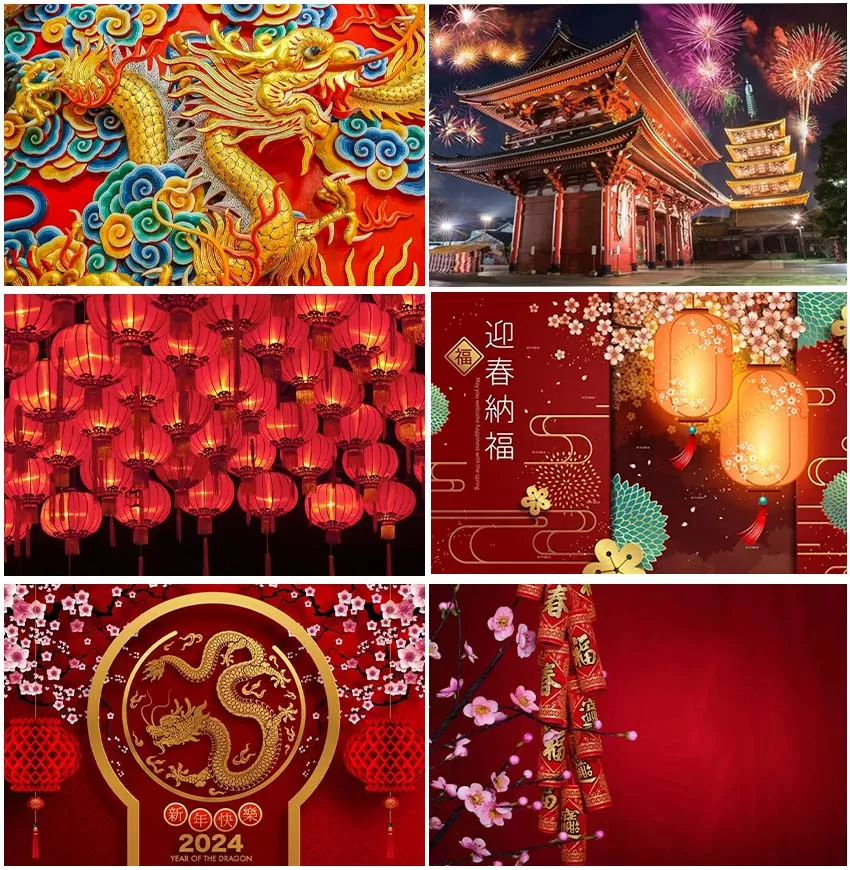 

Chinese Traditional New Year Spring Blossom Flowers Festival Backdrops Red Lantern Photo Fireworks Dragon Year 2024 Backgrounds