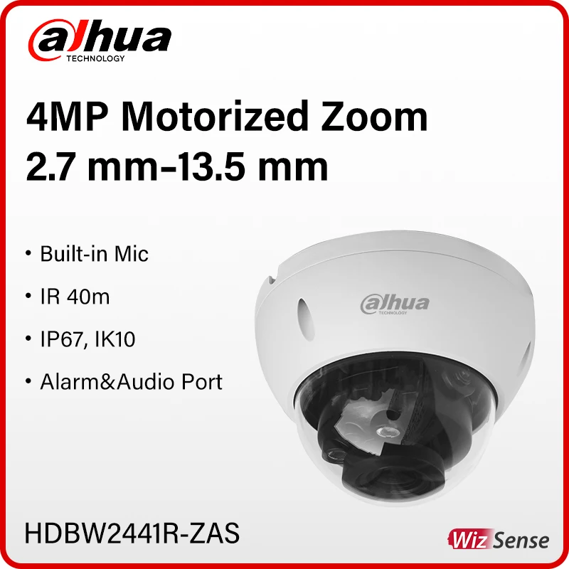 Dahua 4MP Motorized vari-focal Camera 2.7-13.5 mm Lens With Alarm Audio Port Vandal-proof IP Dome Camera SMD IPC-HDBW2441R-ZAS