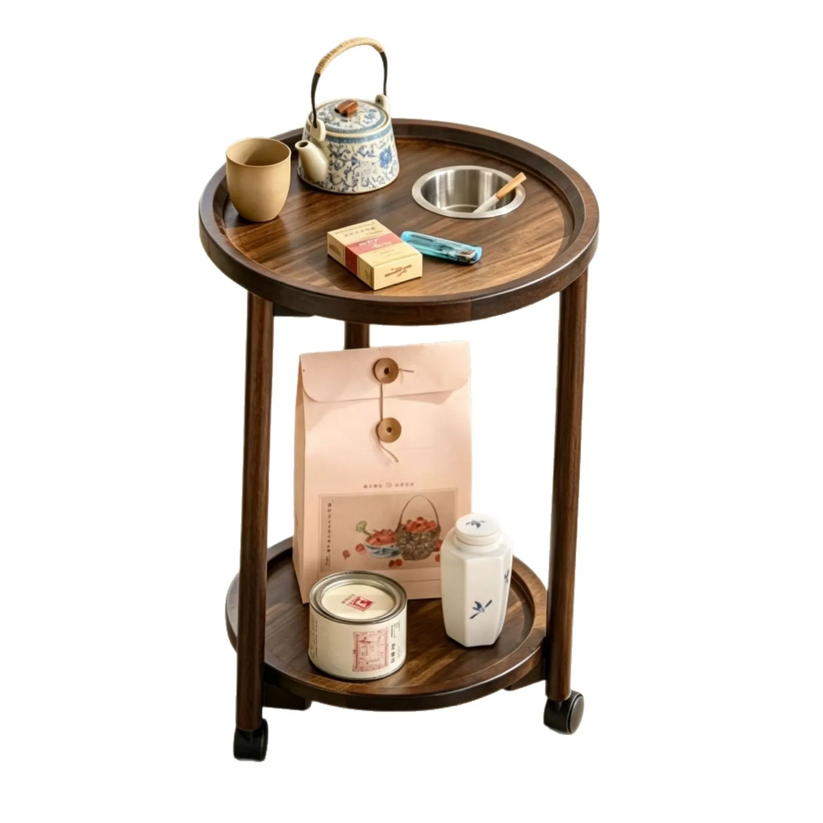 HYS Walnut Light Luxury Roller Side Table Living Room Sofa Corner Table Tea Room Mobile Small Tea Table Double-Layer Storage
