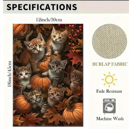 Garden Flag, 12”x18”, Autumn Pumpkins & Kittens, Burlap Polyester Doublesided UUI GGX