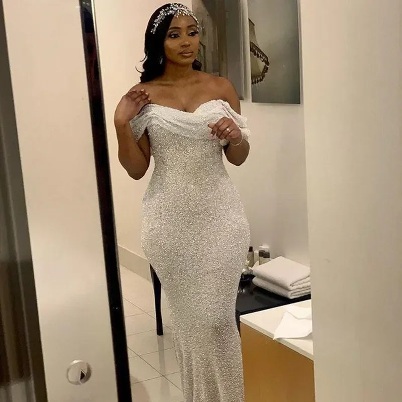 Customized Off the Shoulder Shinny  Sequins Beads Mermaid Wedding Dresses  Robe De Mariee Luxe 2025 African  Bridal Gown
