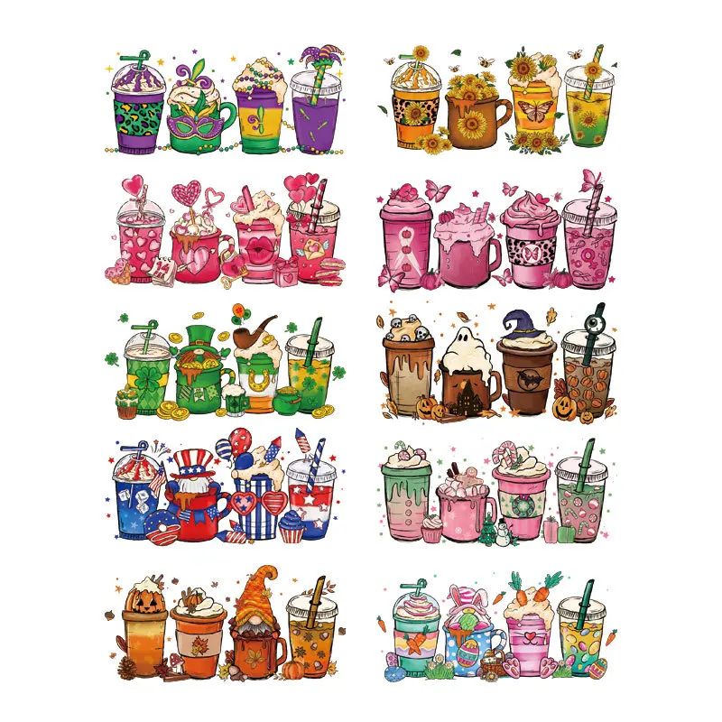 

10 types of Cartoon coffee cup holiday hot stamping DIY pattern hoodie heat transfer printing sticker clothing decoration