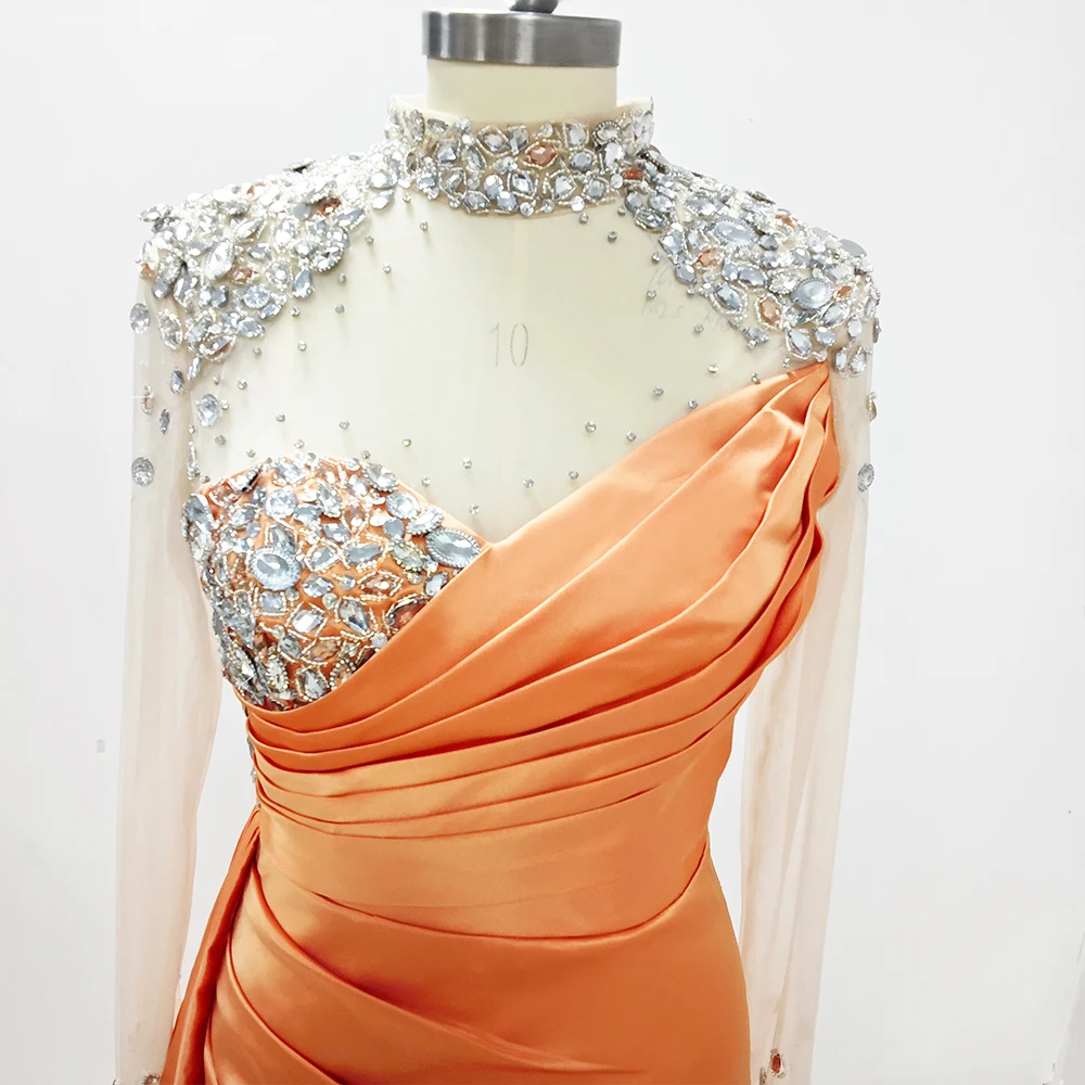 Elegante Party Kristall Orange Abendkleider handgemachte Schneider Langarm Sweep Zug Kleider für besondere Anlässe Vestidos