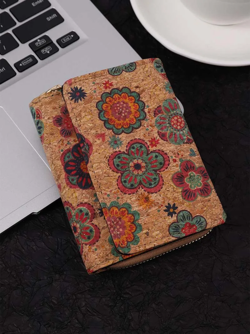 3pcs Card Holder Retro Cork Leather Floral Geometry Three Foldable Multifunctional Short Wallet