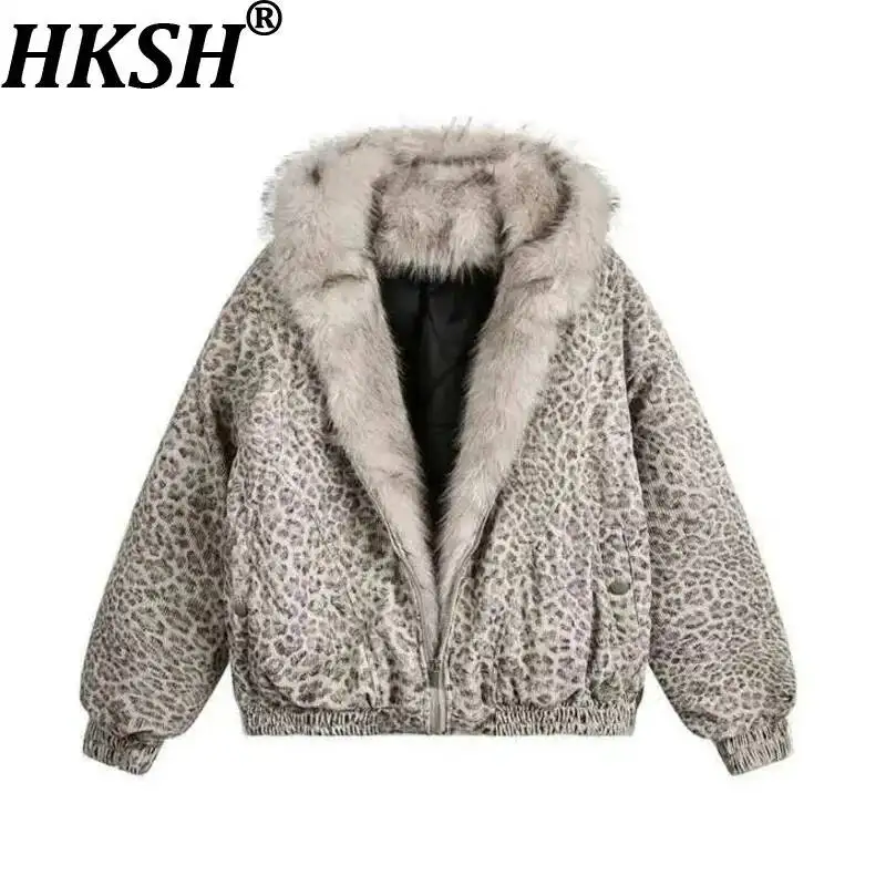 HKSH Niche Design Men Fleece Jackets Hooded Leopard Printed Fur Thick Padded Coats Thermal Contrast Color Male Chic Tops HK13733