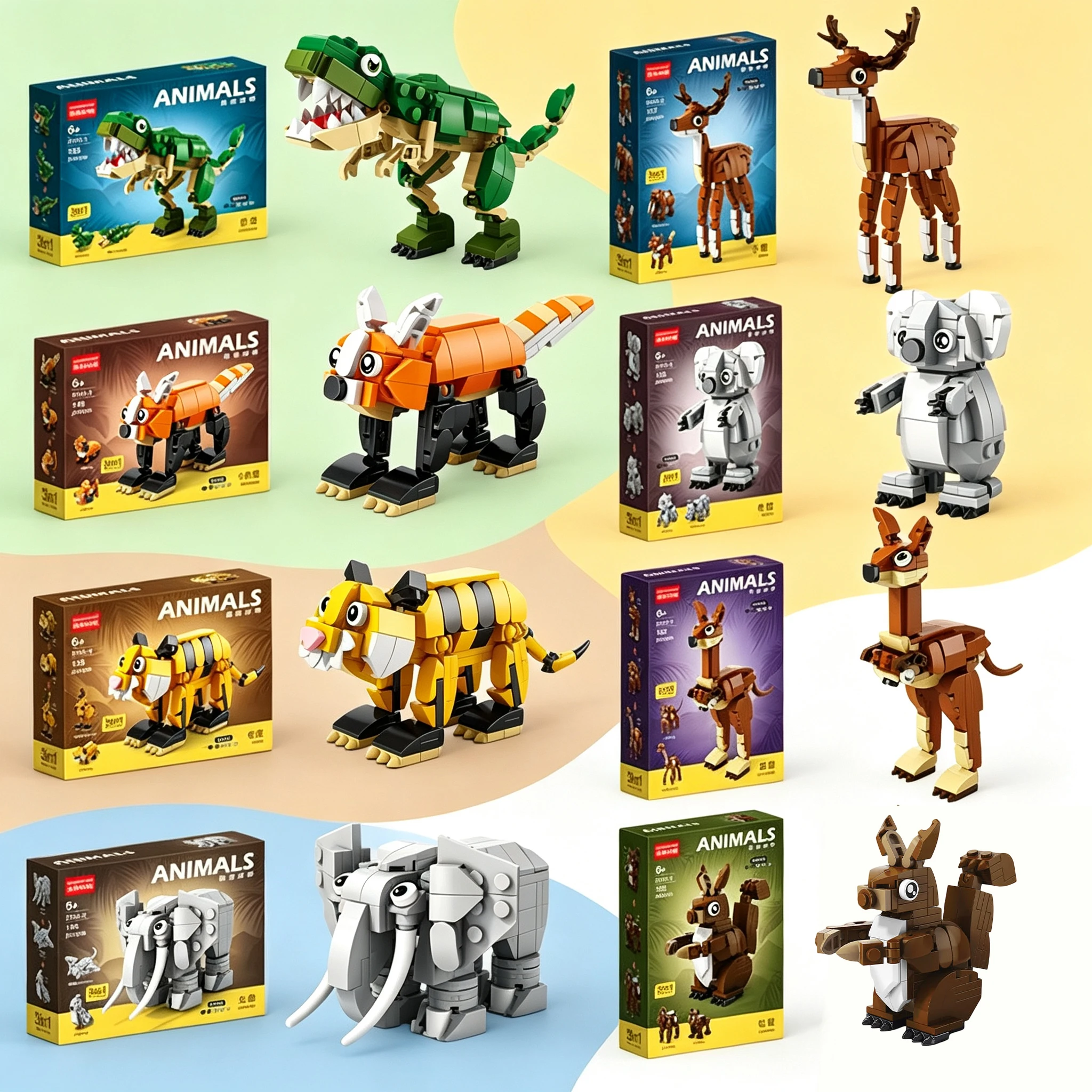 3 IN 1 Land Animal Series3D Building Blocks Zoo Dinosaur Elephant Tiger Kangaroo Sika Deer Fish Squirrel Koala DIY Toys Bricks