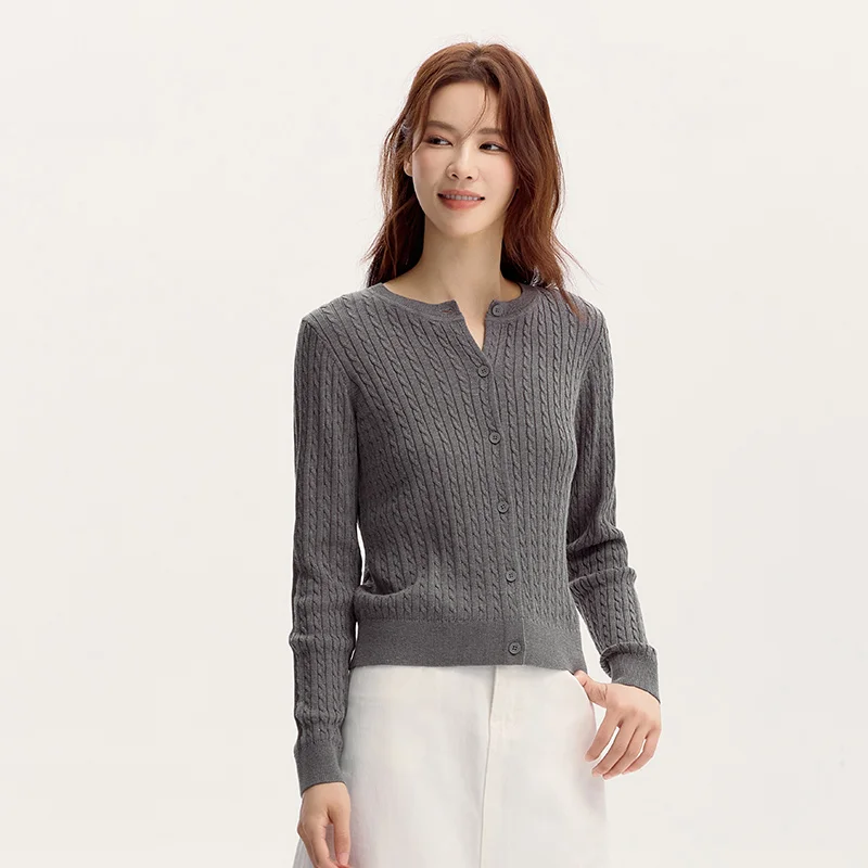 Semir Knit Cardigan Women Short Knit Cardigan Round Neck Solid Color 2024 New Autumn Soft and Slim Fit Cable Knit Sweater