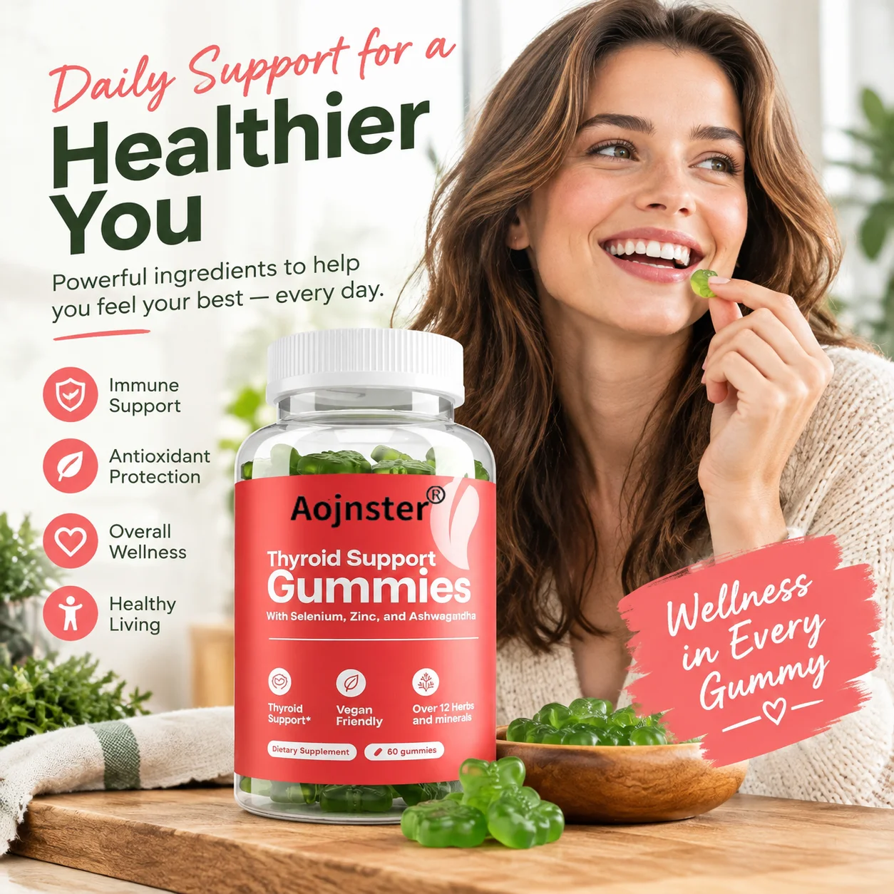 Thyroid Support Gummies with Selenium, Zinc & Ashwagandha,Vegan Friendly,Blend of Over 12 Herbs & Minerals for Nutrition Support