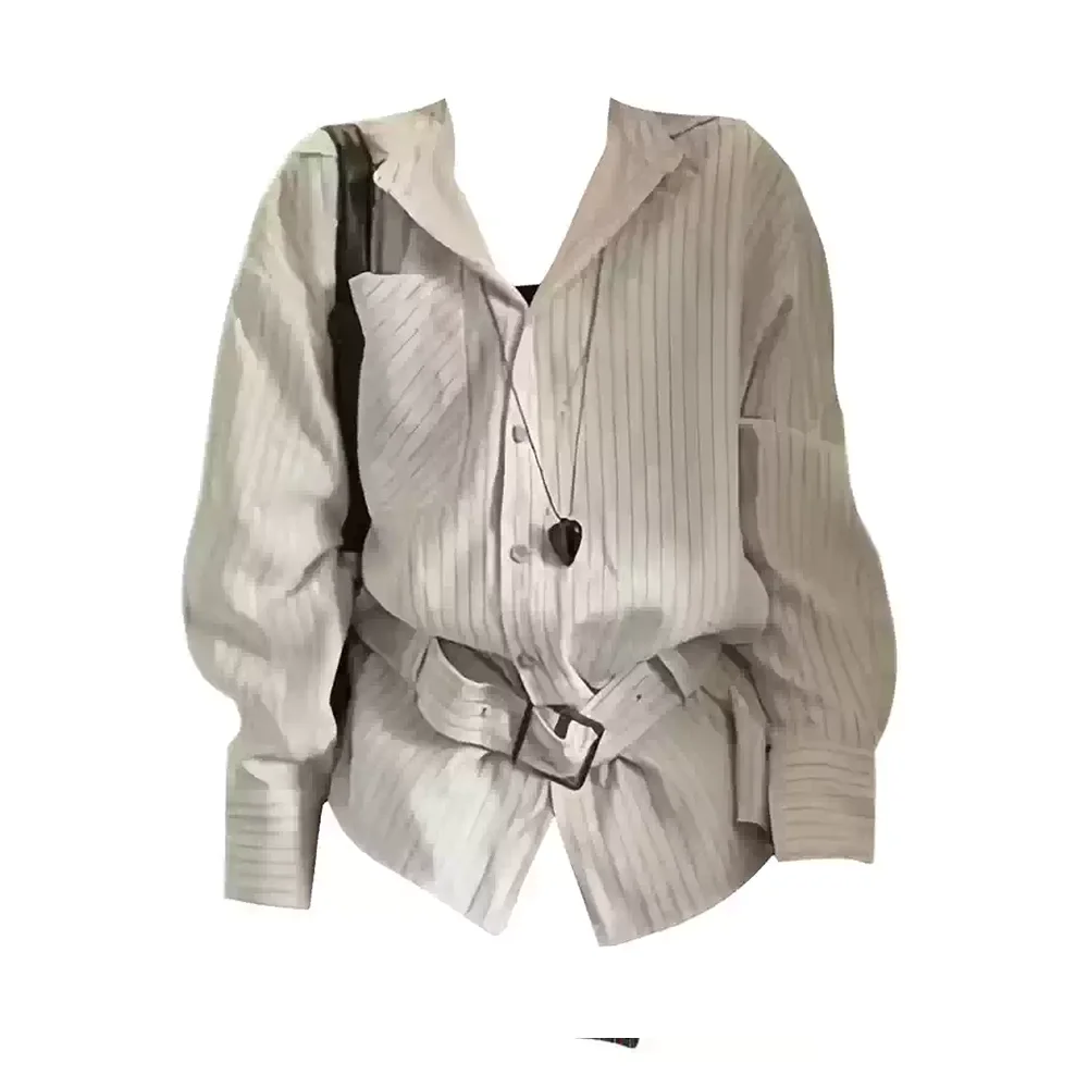 

Женская полосатая повседневная рубашка цвета хаки с отложным воротником и длинным рукавом Y2K Harajuku High Street Эстетическая модная офисная рубашка Одежда