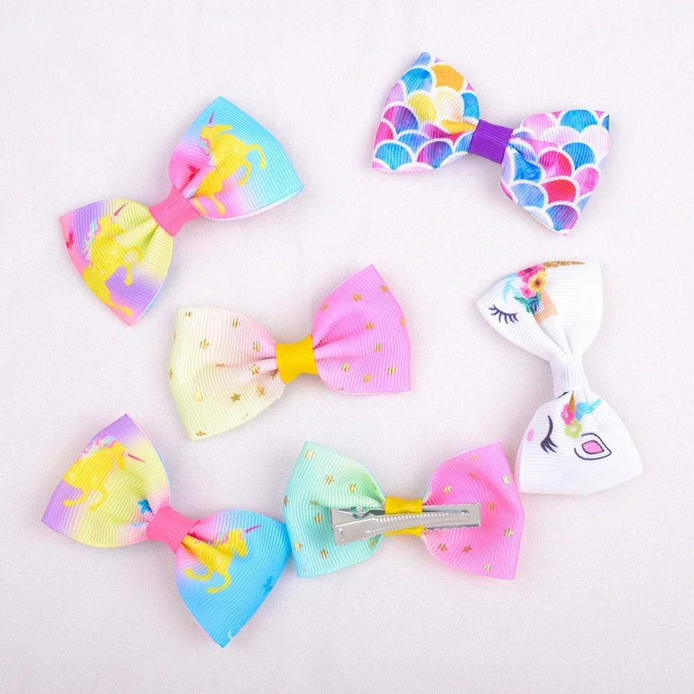 8PCS Print Grosgrain Ribbon Hair Bows Clips Small Bows For Children Girls Headwear DIY Kids Hair Accessories Best Gifts for bebe