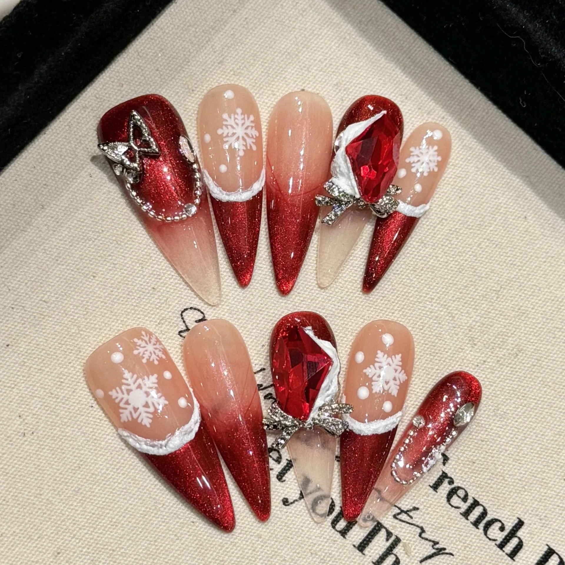 10Pcs Christmas Handmade Press on Nails Full Cover Snowflake Stiletto French Almond Water Pipe Ballet Bow Tie Wearable Fake Nail