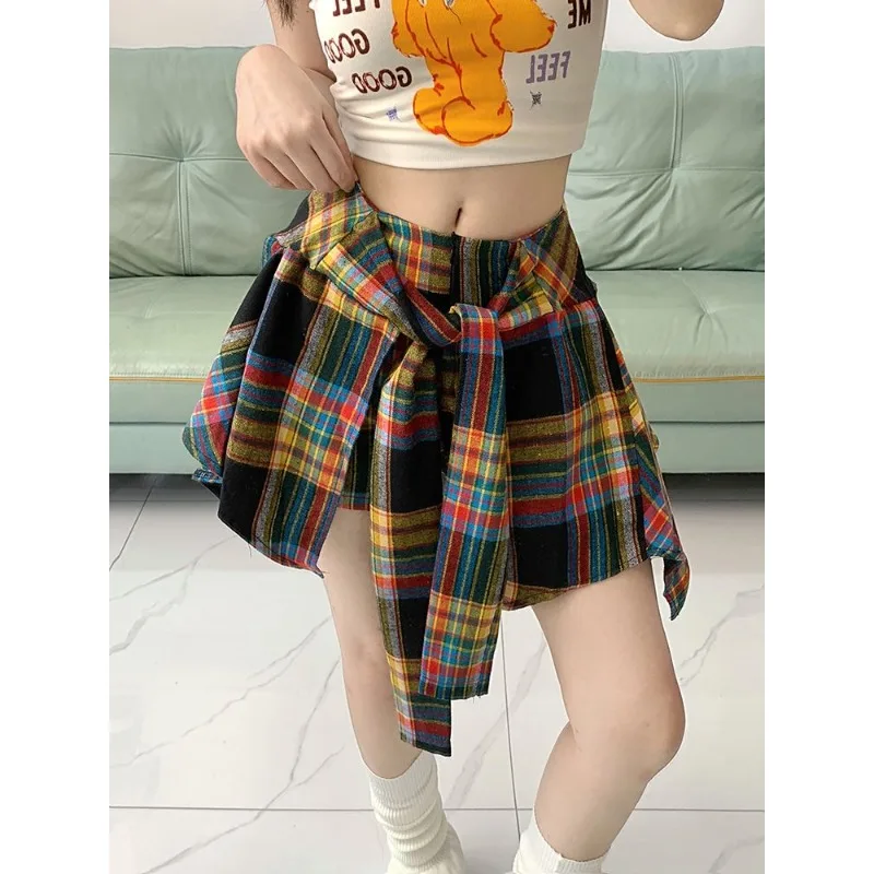 Design Sense Niche Irregular Contrast Plaid Skirt Hot Girl High Waist Slim A-line Skirt