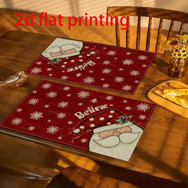 VIKAMA Christmas Linen Placemats, Red Santa Teddy Bear Gift Snowman, Washable Absorbent, Festive Dinner Kitchen