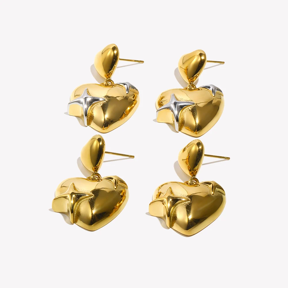 E.B.belle 더블 하트 펜던트 스터드 귀걸이 18k 골드 도금 스테인레스 스틸 쥬얼리 여성용 파티 데이트 패션 참