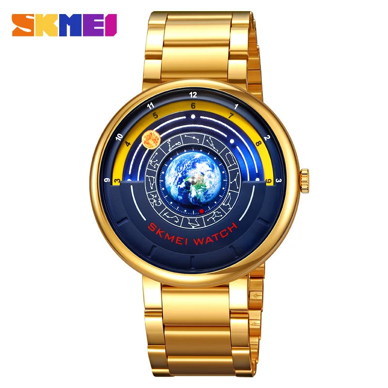 Cool Creative Pointerless Quartz Watch Trendy Blue Starry Night Unisex Waterproof Earth Design Wristwatch