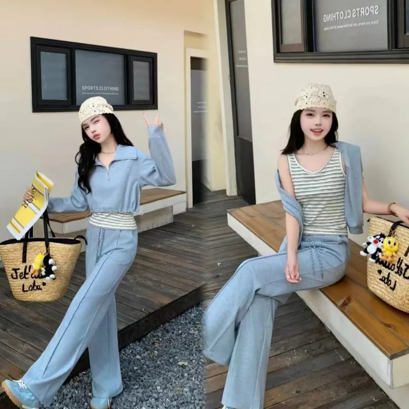 2025 봄 가을 신상 캐주얼 그레이 숏 스웨트셔츠 슬링 팬츠 3피스 수트 여성 스포티 스타일 탑 스트라이프 베스트 트라우저 세트