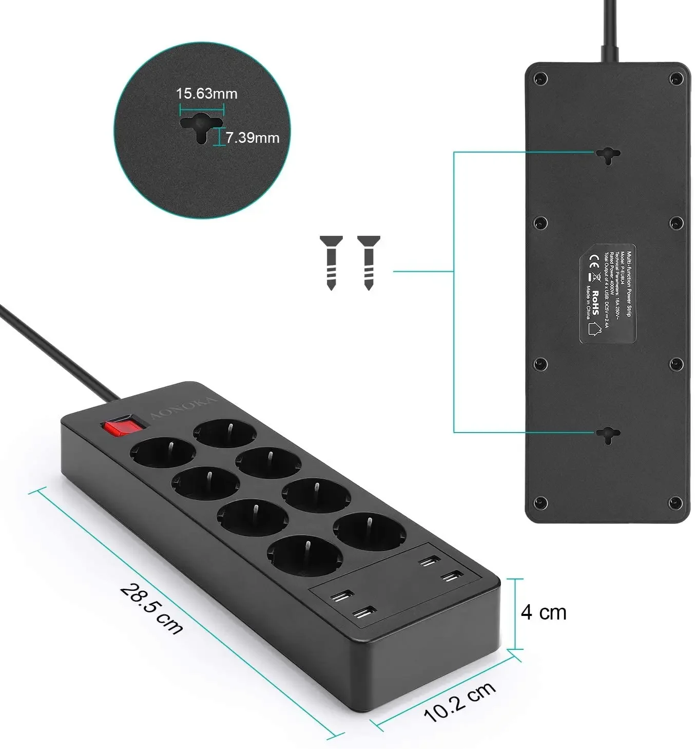 Melery Power Strip 8 Way AC Outlets EU Korea Electrical Plug Socket USB Charger Adapter Surge Protector 1.5m Extension Cord Home