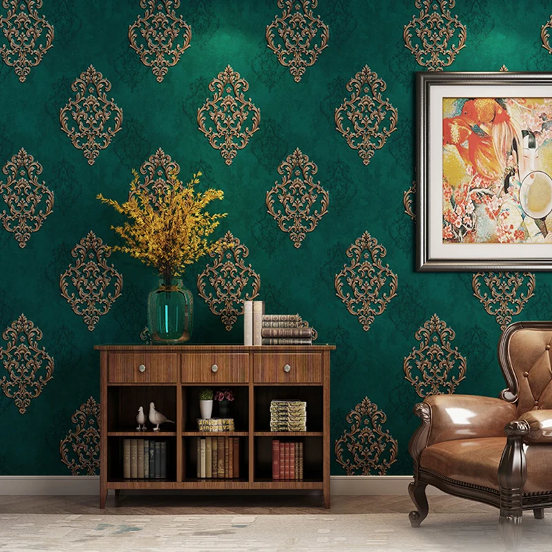 European Style 3D Embossed Wallpaper Luxury Damascus Dark Green Non-woven Wall Paper Bedroom Living Room TV Background Wall Home