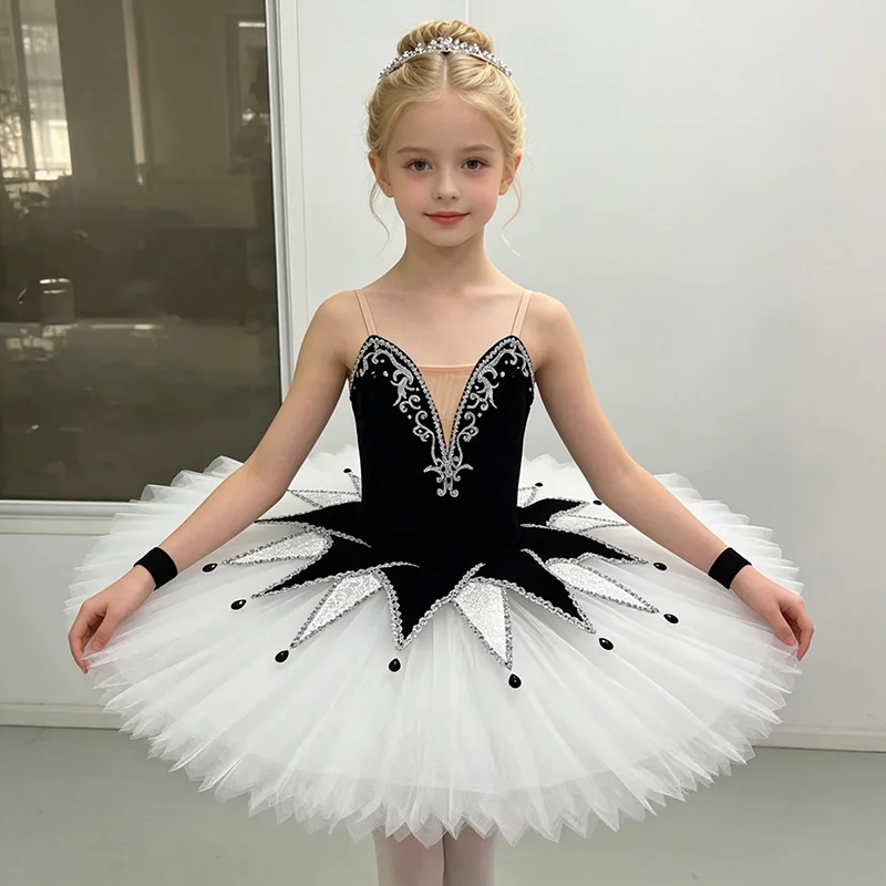 Womens Thin Strap V Neck Ballet Tutu Performance Dress Silver Rhinestone Symmetric Pointed Diamond Contrast Applique Black White