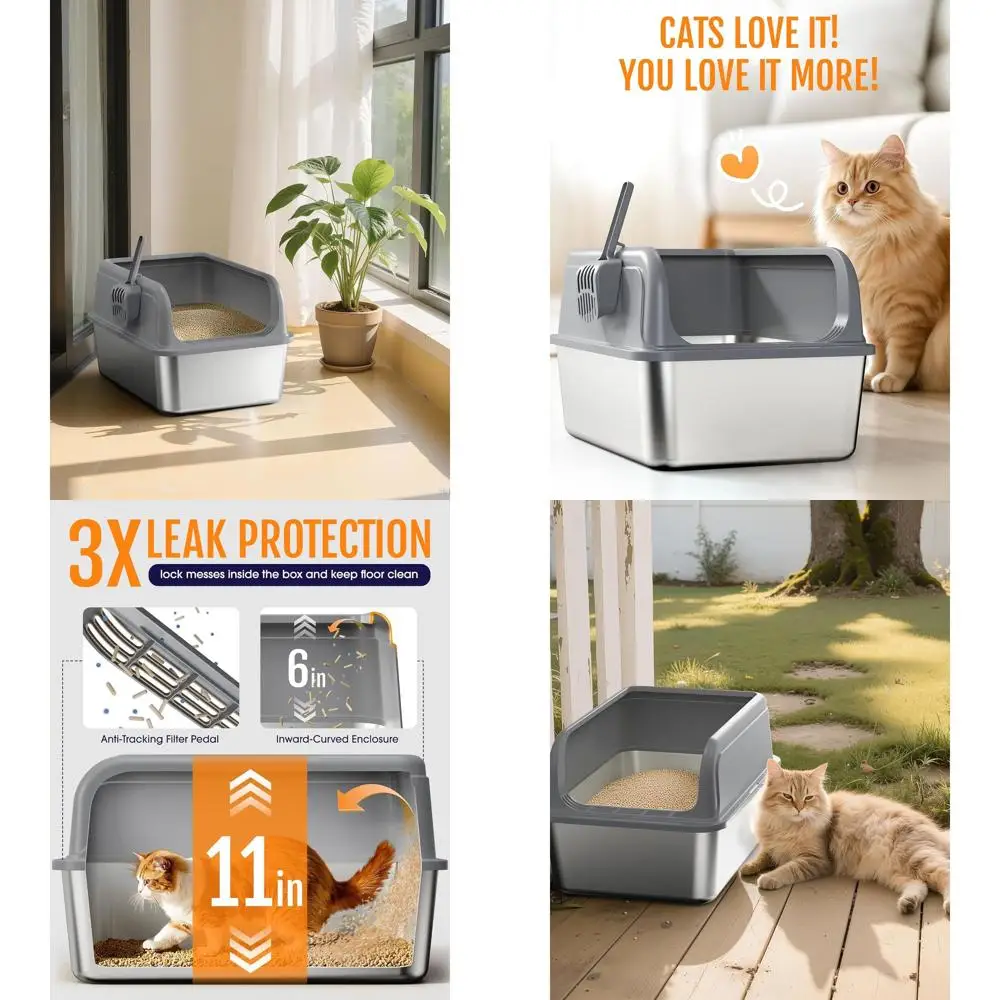 

Large Grey Metal Cat Litter Box with Top Entry, Anti-Leak, Non-Sticky, Easy Clean, 2-Pack