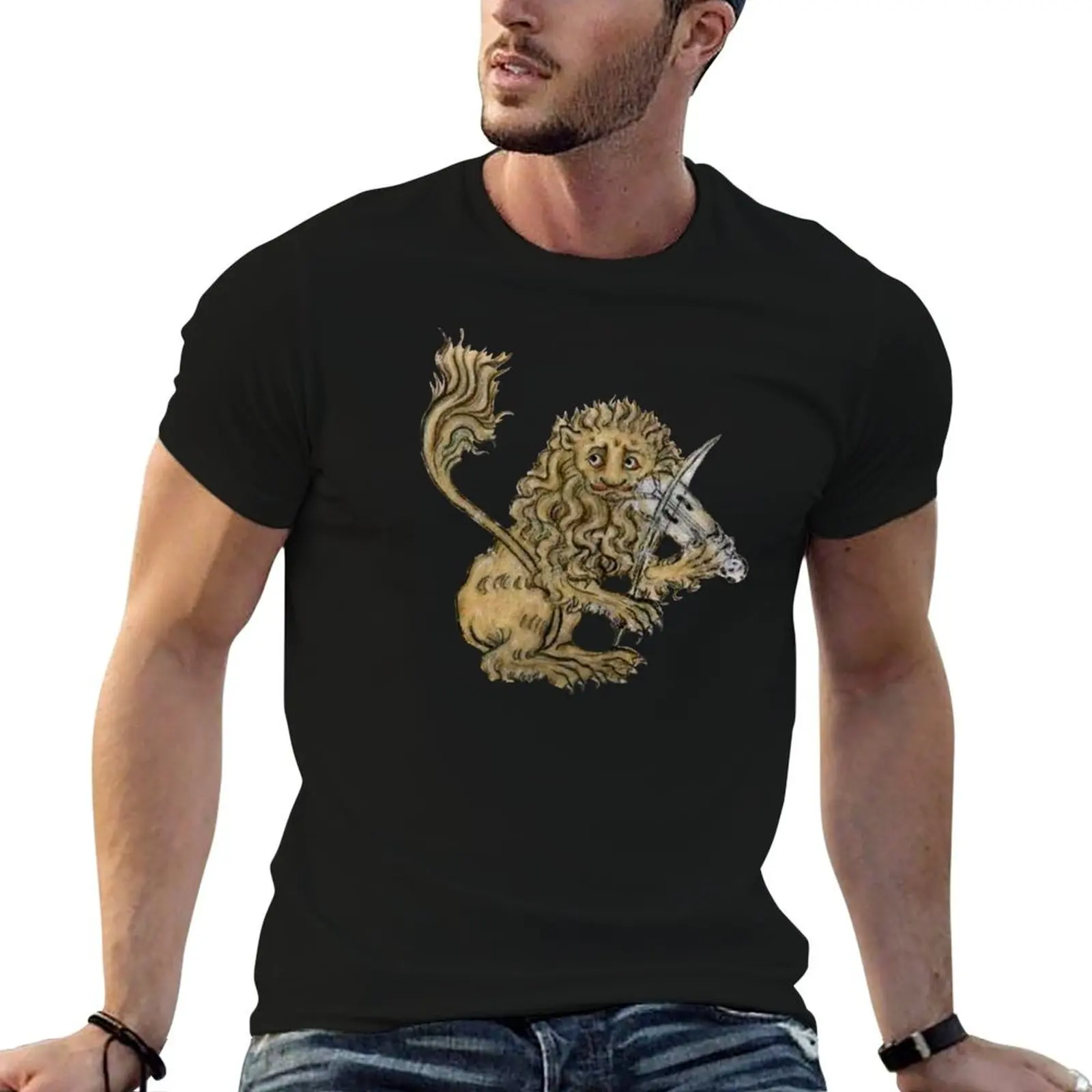 Medieval Lion Playing Music - Middle Ages Art T-Shirt Simple Line Art Print Tee