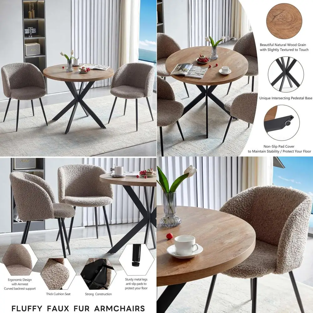 

Обеденный набор Round 37 из инженерной древесины с 2 креслами Sherpa, идеально подходит для уголка для завтраков или кофейни